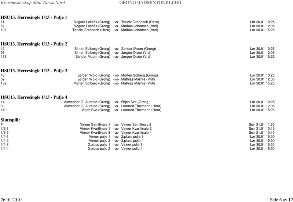 01 10:25 58 Simen Solberg (Grong) -vs- Jørgen Olsen (Vrdl) Lør 30.01 12:05 138 Sander Moum (Grong) -vs- Jørgen Olsen (Vrdl) Lør 30.01 15:25 HSU13.