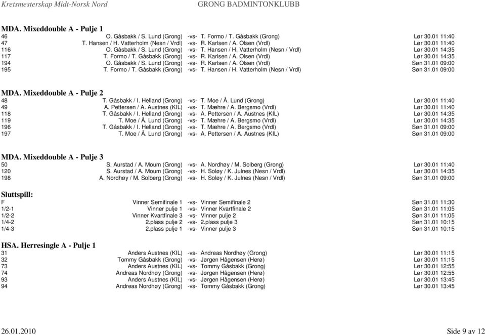 Gåsbakk / S. Lund (Grong) -vs- R. Karlsen / A. Olsen (Vrdl) Søn 31.01 09:00 195 T. Formo / T. Gåsbakk (Grong) -vs- T. Hansen / H. Vatterholm (Nesn / Vrdl) Søn 31.01 09:00 MDA.