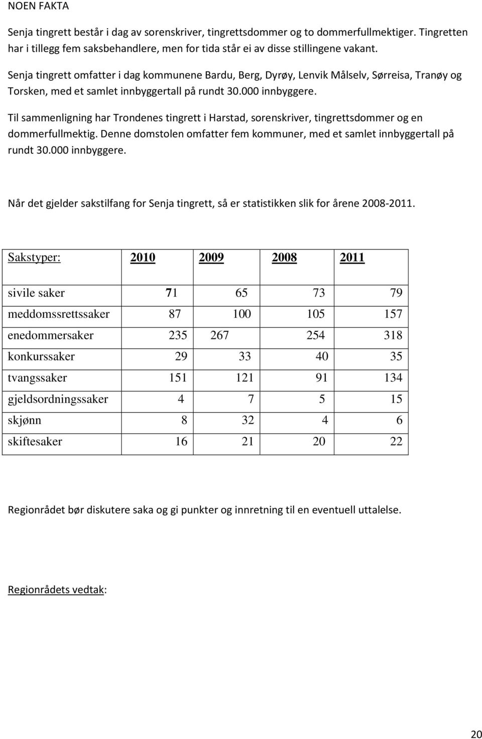 Til sammenligning har Trondenes tingrett i Harstad, sorenskriver, tingrettsdommer og en dommerfullmektig. Denne domstolen omfatter fem kommuner, med et samlet innbyggertall på rundt 30.000 innbyggere.