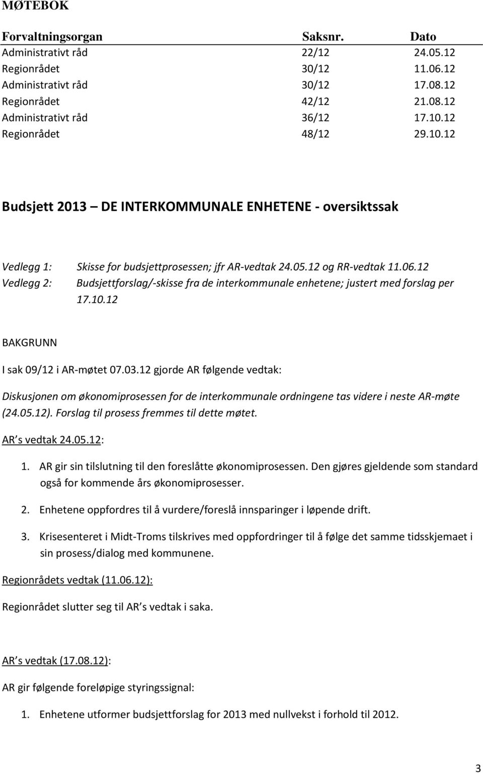 12 Vedlegg 2: Budsjettforslag/-skisse fra de interkommunale enhetene; justert med forslag per 17.10.12 BAKGRUNN I sak 09/12 i AR-møtet 07.03.