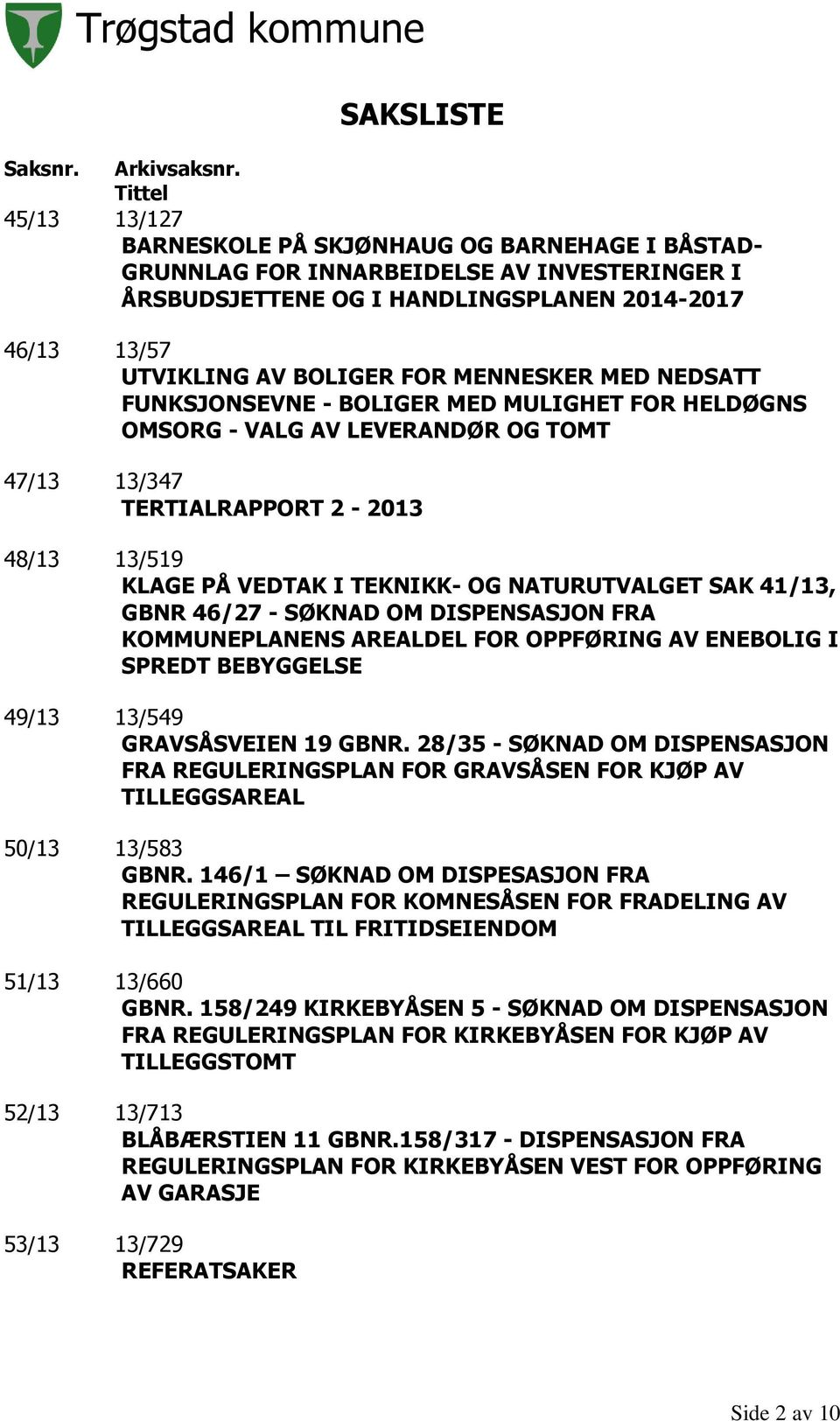 MENNESKER MED NEDSATT FUNKSJONSEVNE - BOLIGER MED MULIGHET FOR HELDØGNS OMSORG - VALG AV LEVERANDØR OG TOMT 47/13 13/347 TERTIALRAPPORT 2-2013 48/13 13/519 KLAGE PÅ VEDTAK I TEKNIKK- OG NATURUTVALGET