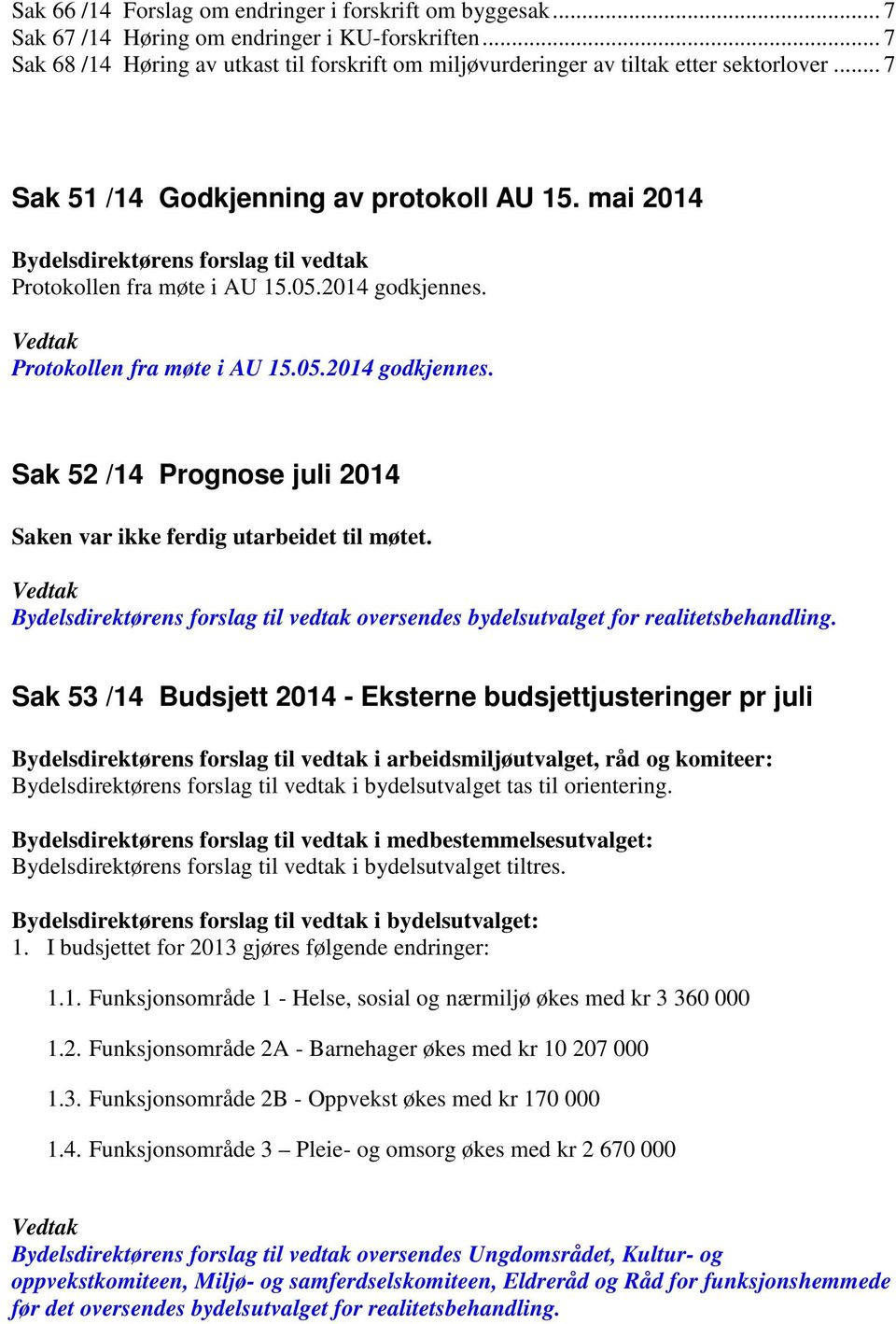 Protokollen fra møte i AU 15.05.2014 godkjennes. Sak 52 /14 Prognose juli 2014 Saken var ikke ferdig utarbeidet til møtet.