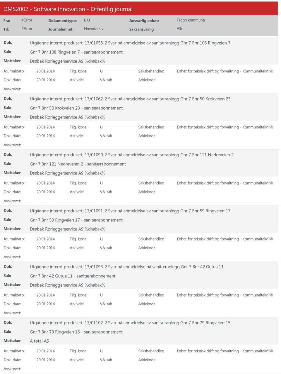 Nedreveien 2 Gnr 7 Bnr 121 Nedreveien 2 - sanitærabonnement dato: tgående internt produsert, 13/01091-2 Svar på anmeldelse av sanitæranlegg Gnr 7 Bnr 59 Ringveien 17 Gnr 7 Bnr 59 Ringveien 17 -