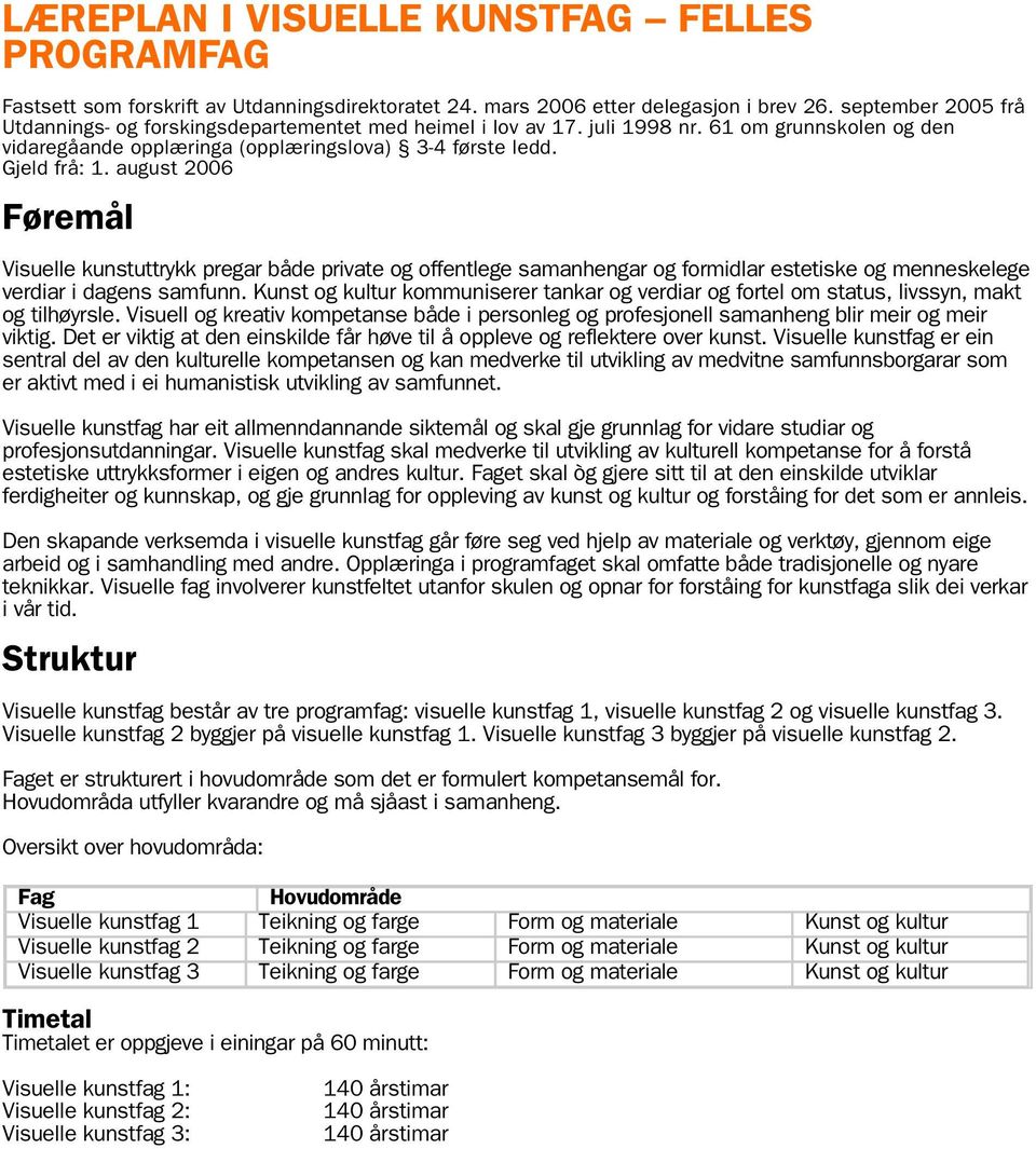 august 2006 Føremål Visuelle kunstuttrykk pregar både private og offentlege samanhengar og formidlar estetiske og menneskelege verdiar i dagens samfunn.