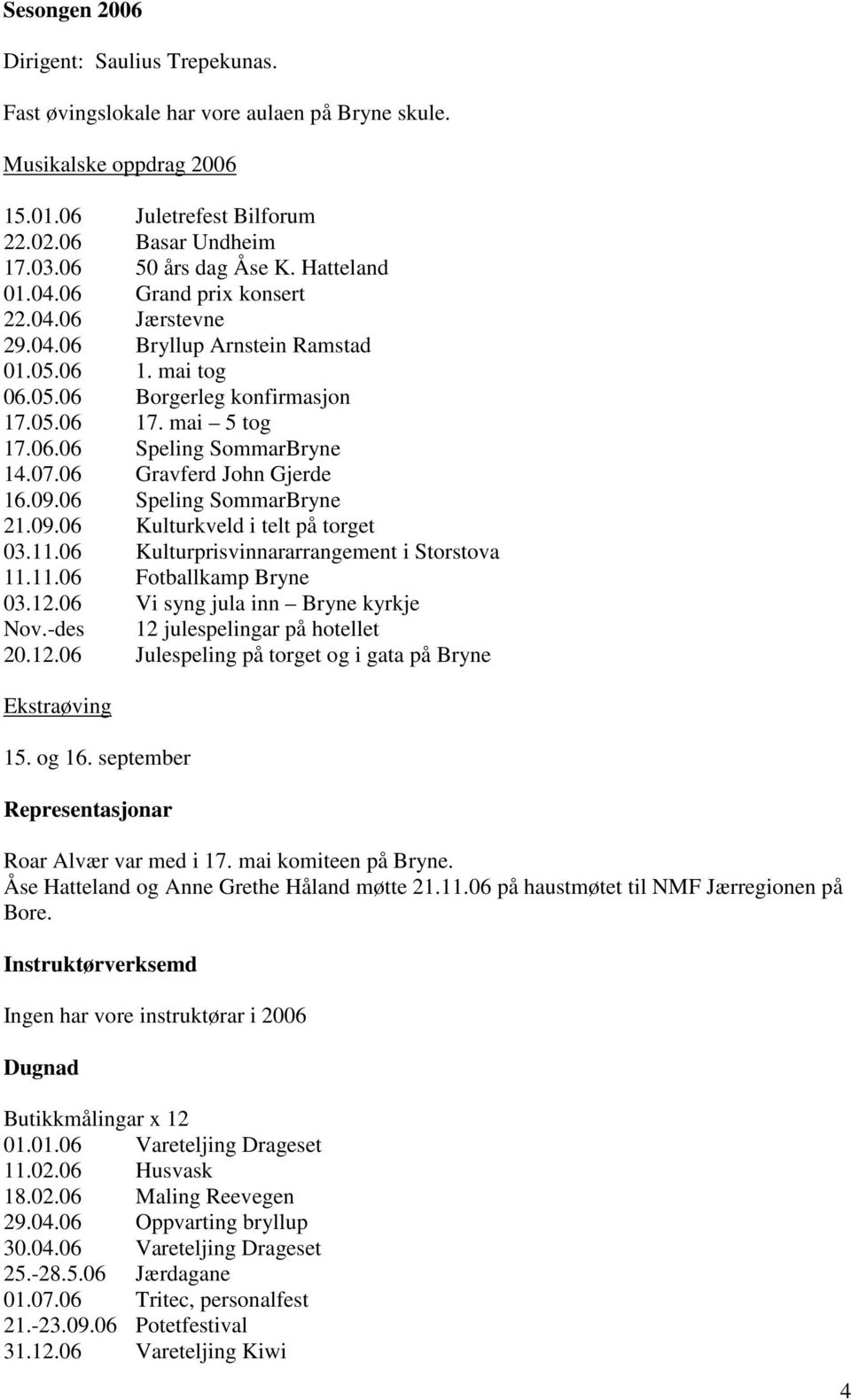 07.06 Gravferd John Gjerde 16.09.06 Speling SommarBryne 21.09.06 Kulturkveld i telt på torget 03.11.06 Kulturprisvinnararrangement i Storstova 11.11.06 Fotballkamp Bryne 03.12.
