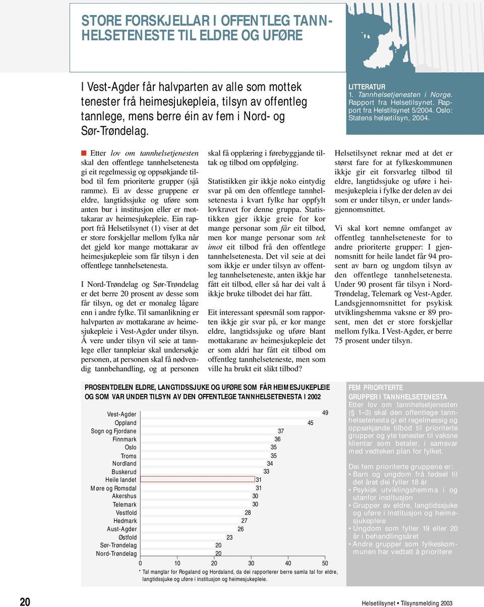 Etter lov om tannhelsetjenesten skal den offentlege tannhelsetenesta gi eit regelmessig og oppsøkjande tilbod til fem prioriterte grupper (sjå ramme).