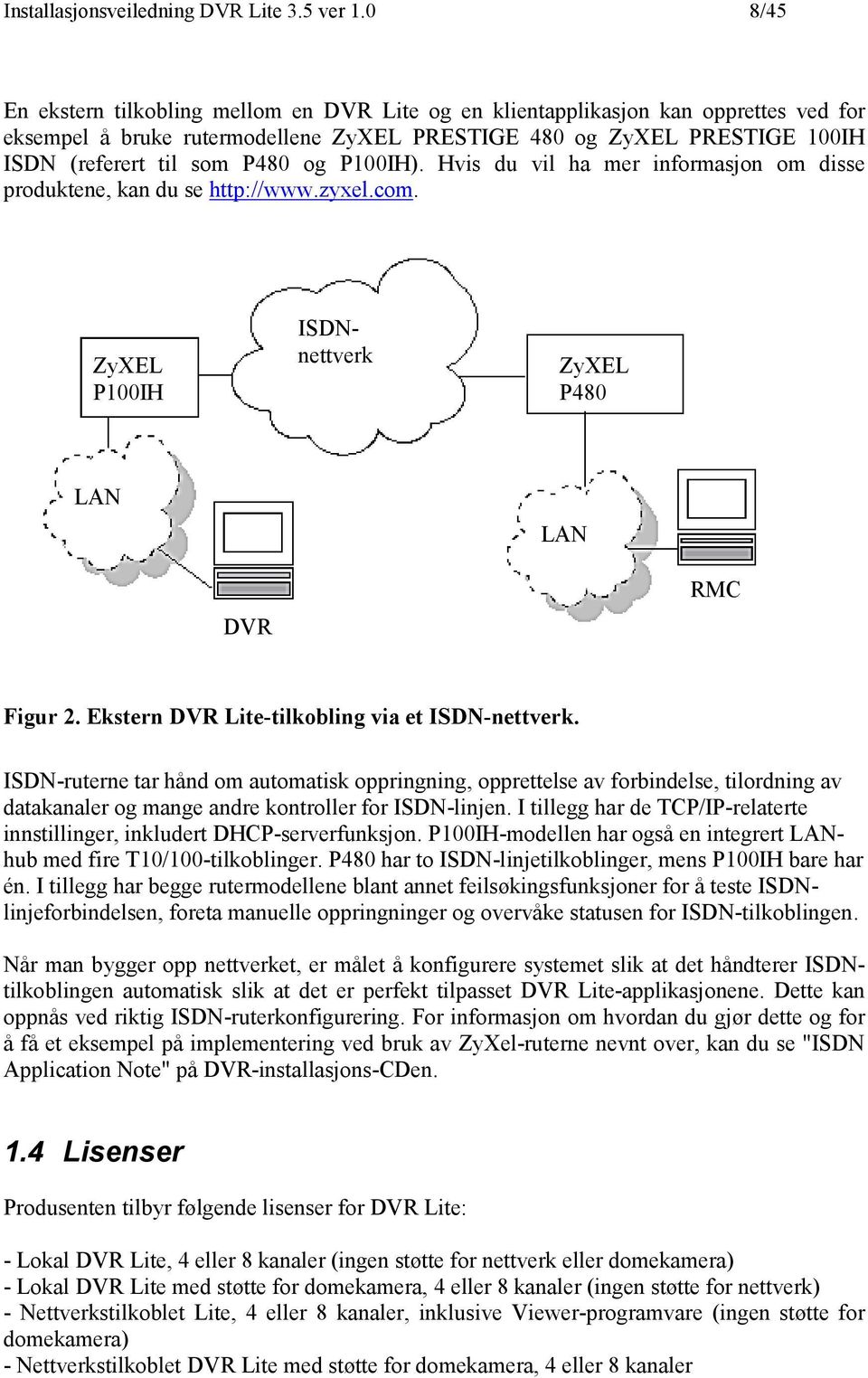 P100IH). Hvis du vil ha mer informasjon om disse produktene, kan du se http://www.zyxel.com. ZyXEL P100IH ISDNnettverk ZyXEL P480 LAN LAN DVR RMC Figur 2.