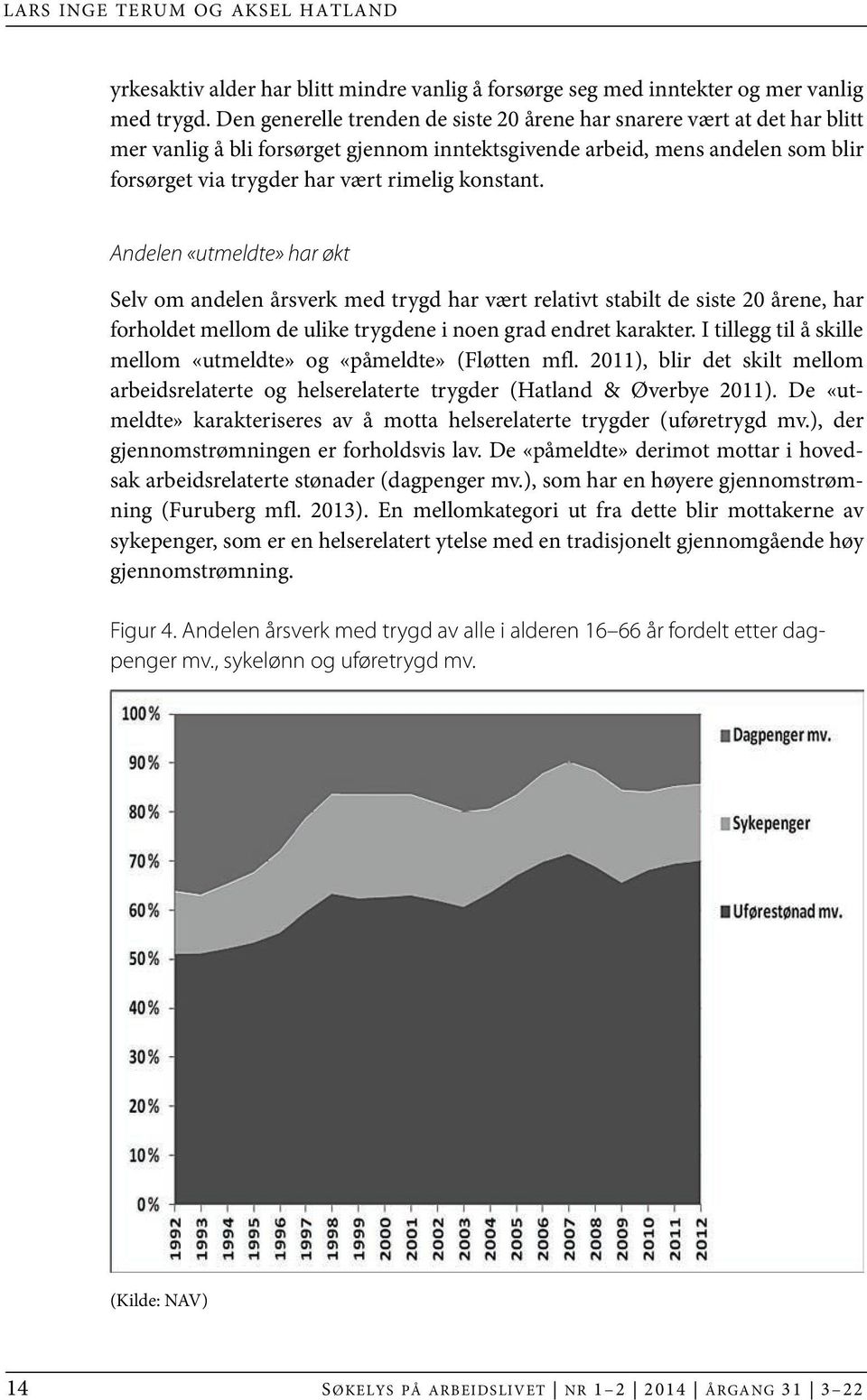 konstant. Andelen «utmeldte» har økt Selv om andelen årsverk med trygd har vært relativt stabilt de siste 20 årene, har forholdet mellom de ulike trygdene i noen grad endret karakter.