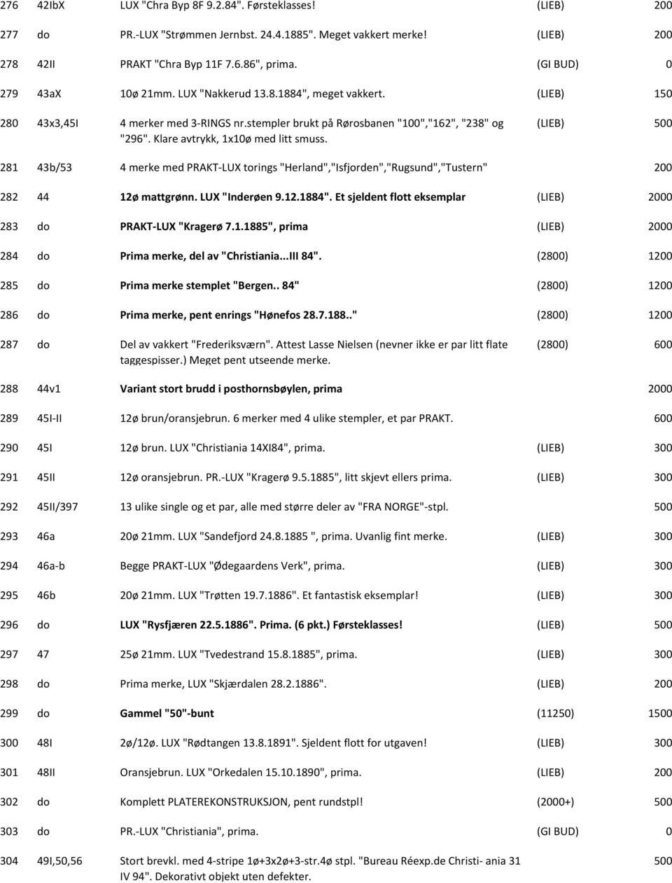 Klare avtrykk, 1x10ø med litt smuss. (LIEB) 281 43b/53 4 merke med PRAKT LUX torings "Herland","Isfjorden","Rugsund","Tustern" 200 282 44 12ø mattgrønn. LUX "Inderøen 9.12.1884".