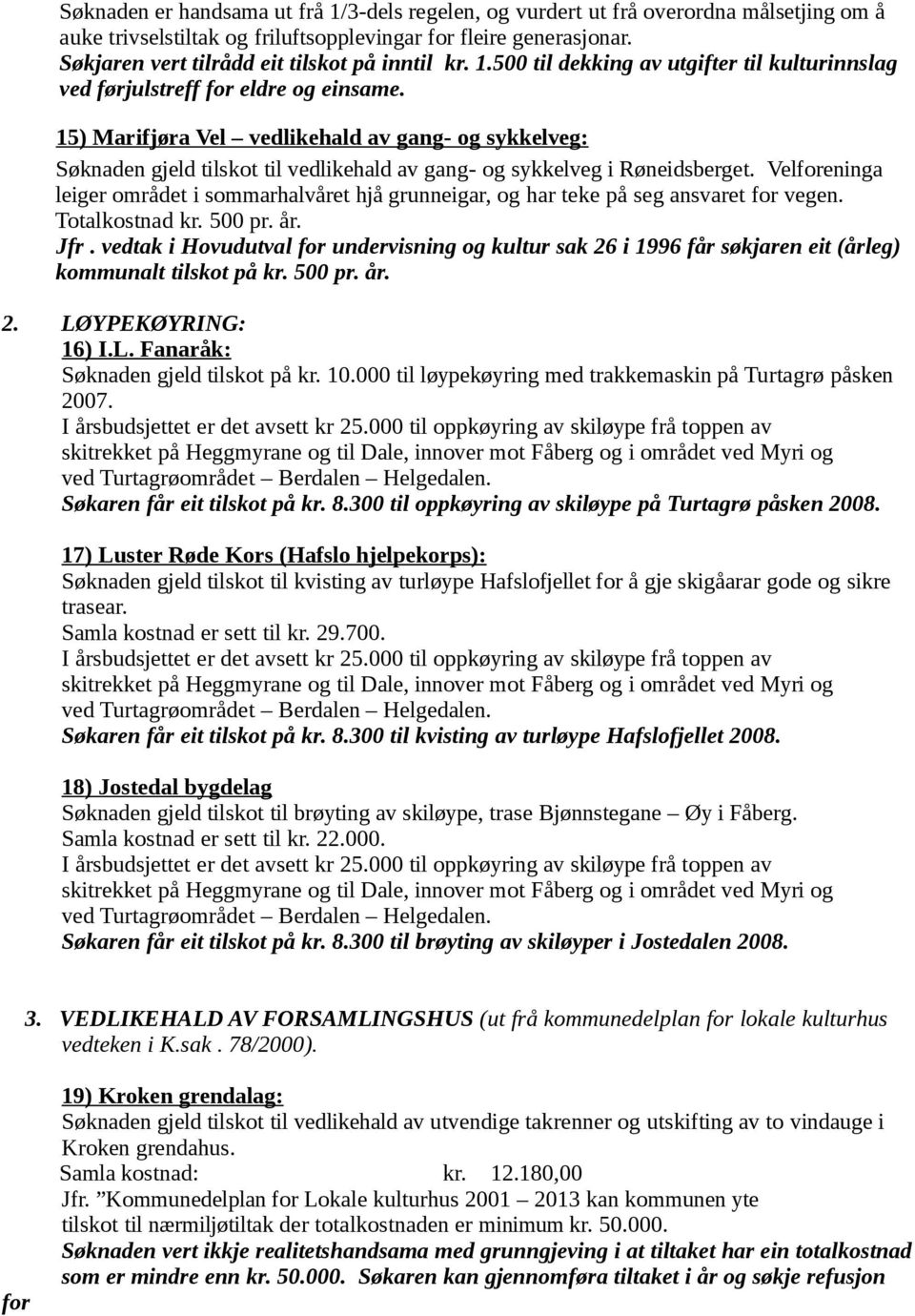 15) Marifjøra Vel vedlikehald av gang- og sykkelveg: Søknaden gjeld tilskot til vedlikehald av gang- og sykkelveg i Røneidsberget.