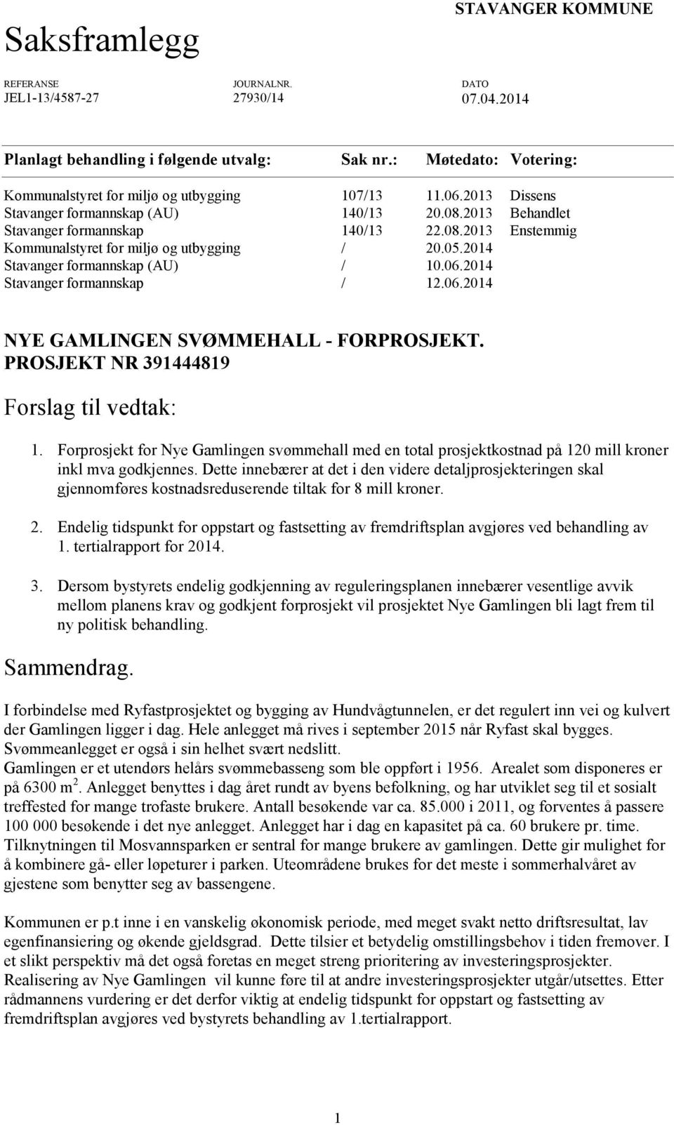 05.2014 Stavanger formannskap (AU) / 10.06.2014 Stavanger formannskap / 12.06.2014 NYE GAMLINGEN SVØMMEHALL - FORPROSJEKT. PROSJEKT NR 391444819 Forslag til vedtak: 1.