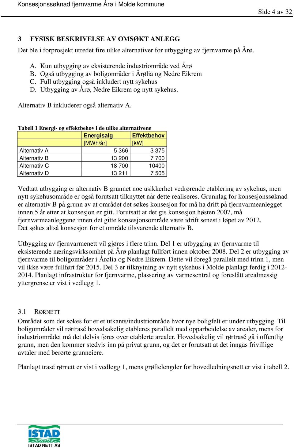 Tabell 1 Energi- og effektbehov i de ulike alternativene Energisalg Effektbehov [MWh/år] [kw] Alternativ A 5 366 3 375 Alternativ B 13 200 7 700 Alternativ C 18 700 10400 Alternativ D 13 211 7 505