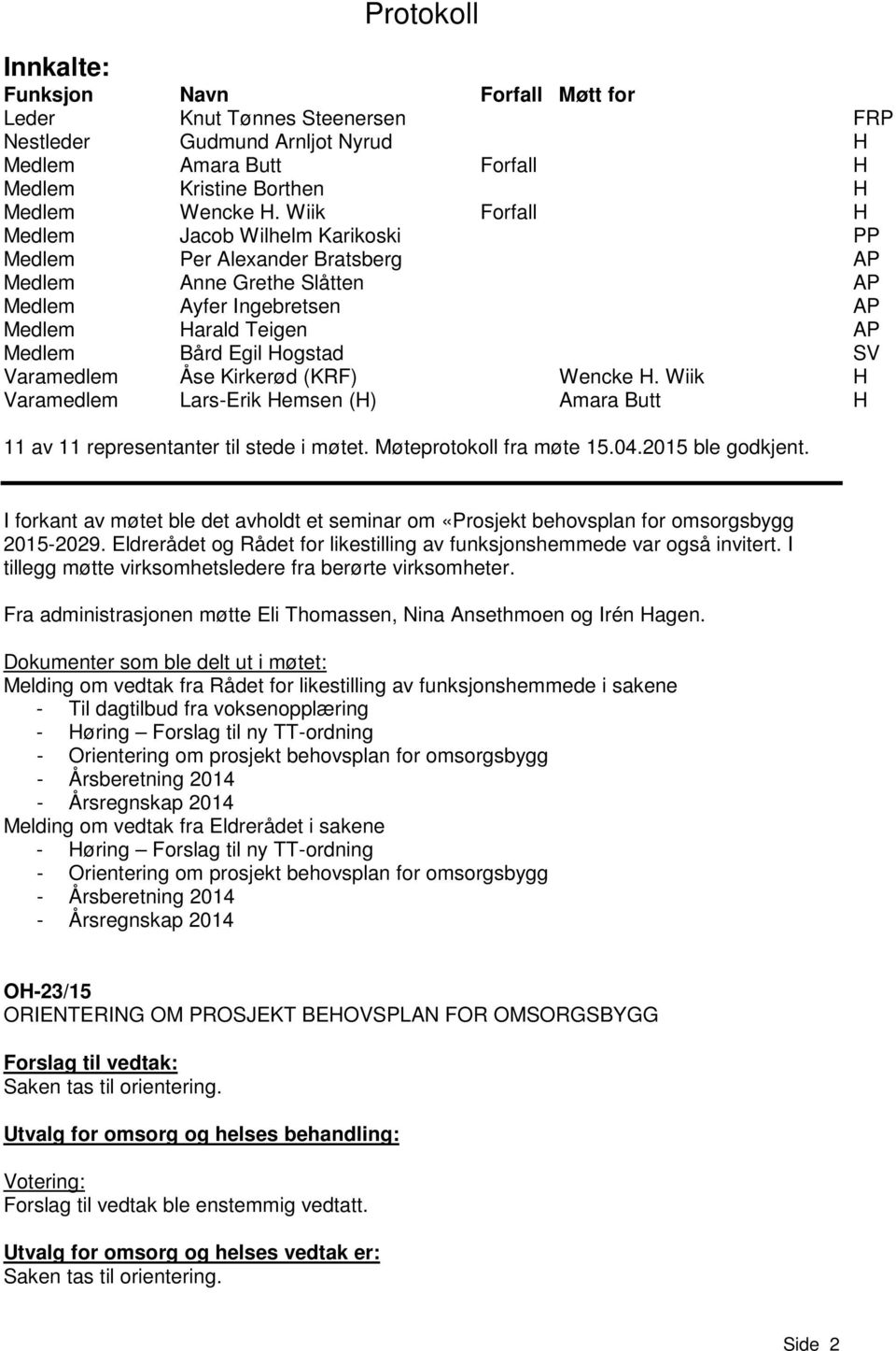 Åse Kirkerød (KRF) Wencke H. Wiik H Varamedlem Lars-Erik Hemsen (H) Amara Butt H 11 av 11 representanter til stede i møtet. Møteprtkll fra møte 15.04.2015 ble gdkjent.