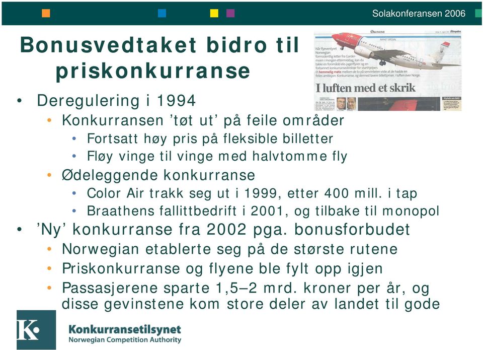 i tap Braathens fallittbedrift i 2001, og tilbake til monopol Ny konkurranse fra 2002 pga.