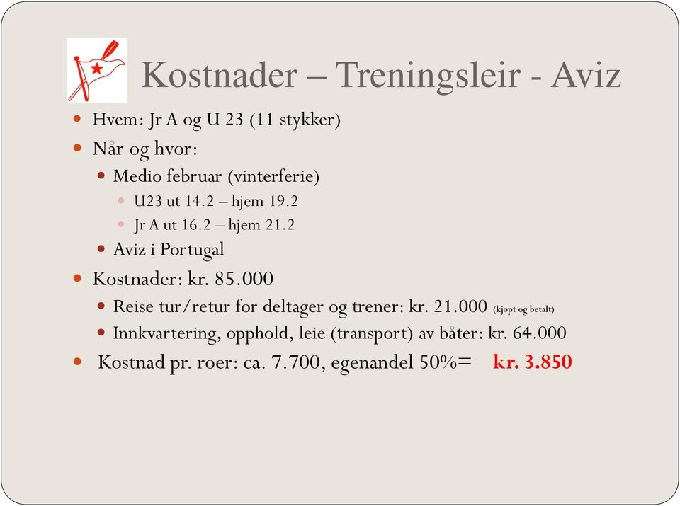 000 Reise tur/retur for deltager og trener: kr. 21.