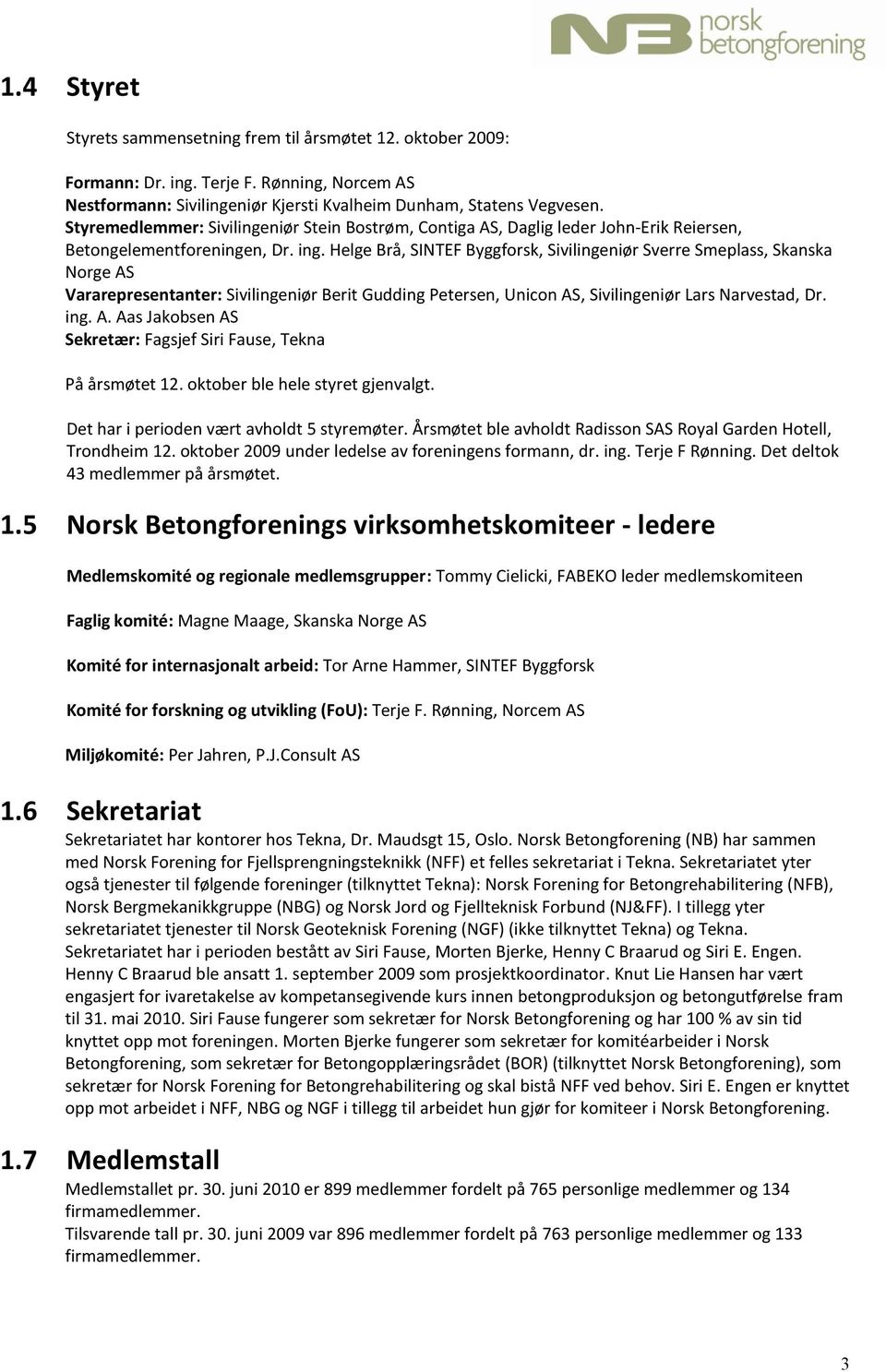 Helge Brå, SINTEF Byggforsk, Sivilingeniør Sverre Smeplass, Skanska Norge AS Vararepresentanter: Sivilingeniør Berit Gudding Petersen, Unicon AS, Sivilingeniør Lars Narvestad, Dr. ing. A. Aas Jakobsen AS Sekretær: Fagsjef Siri Fause, Tekna På årsmøtet 12.