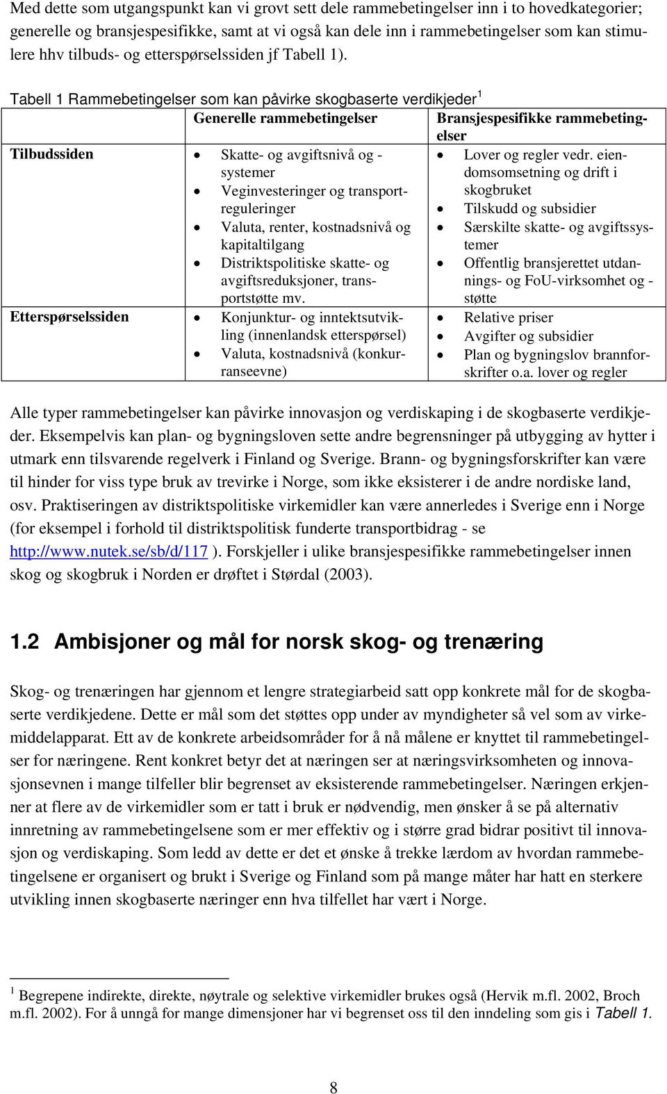 Tabell 1 Rammebetingelser som kan påvirke skogbaserte verdikjeder 1 Generelle rammebetingelser Bransjespesifikke rammebetingelser Tilbudssiden Skatte- og avgiftsnivå og - systemer Lover og regler