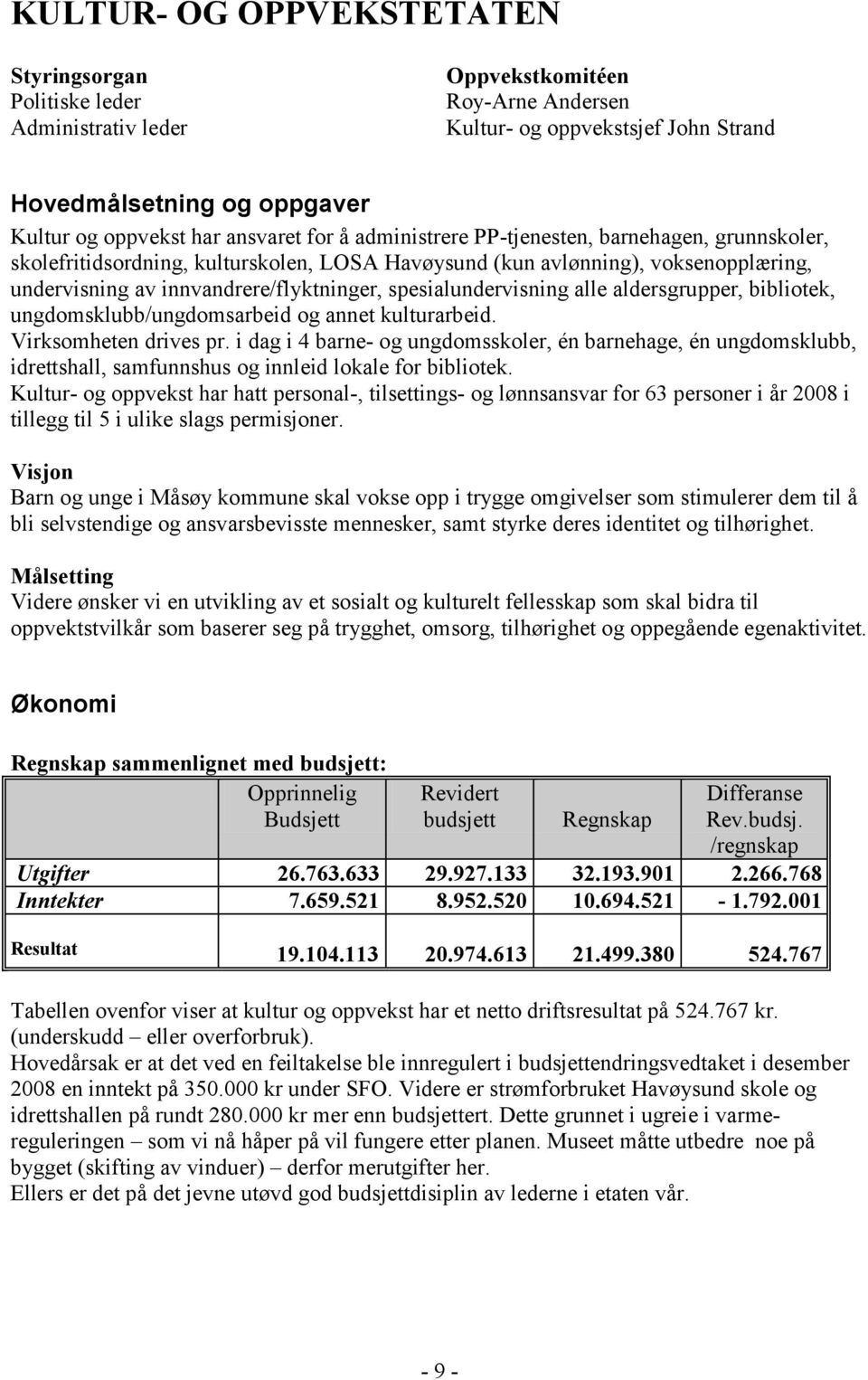 spesialundervisning alle aldersgrupper, bibliotek, ungdomsklubb/ungdomsarbeid og annet kulturarbeid. Virksomheten drives pr.