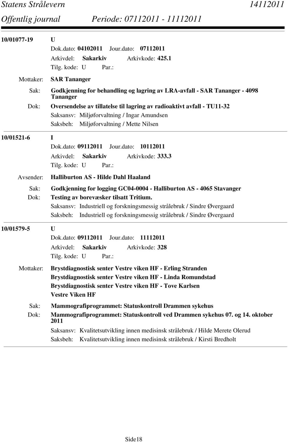 Ingar Amundsen Saksbeh: Miljøforvaltning / Mette Nilsen 10/01521-6 I Dok.dato: 09112011 Jour.dato: 10112011 Arkivdel: Sakarkiv Arkivkode: 333.