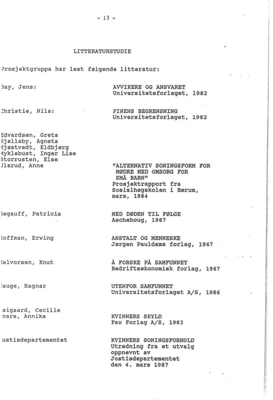 Agneta Kj0stvedt, Eldbj0rg 1yklebust, Inger Lise 3torrusten, Else Jlsrud, Anne "ALTERNATIV SONINGSFORM FOR M0DRE MED OMSORG FOR SMA BARN" Prosjektrapport fra Sosialh0qskolen i Bzrum, mars, 1984