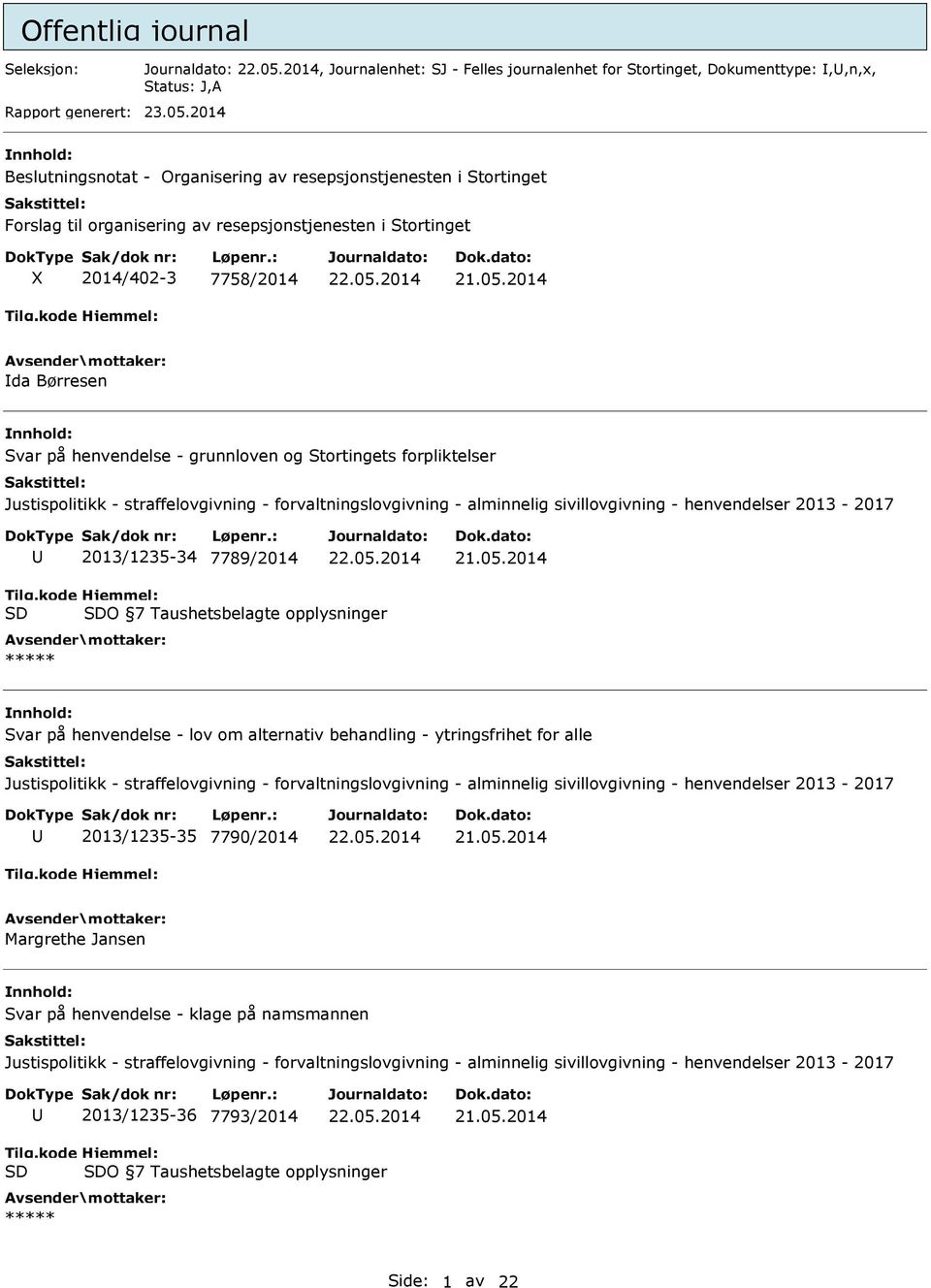 grunnloven og Stortingets forpliktelser Justispolitikk - straffelovgivning - forvaltningslovgivning - alminnelig sivillovgivning - henvendelser 2013-2017 2013/1235-34 7789/2014 SD SDO 7