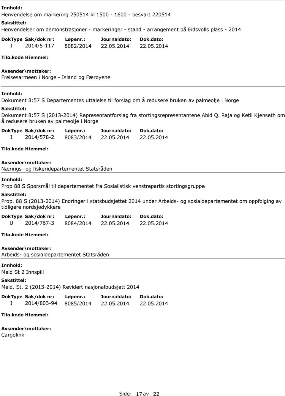 Raja og Ketil Kjenseth om å redusere bruken av palmeolje i Norge 2014/578-2 8083/2014 Nærings- og fiskeridepartementet Statsråden Prop 88 S Spørsmål til departementet fra Sosialistisk venstrepartis