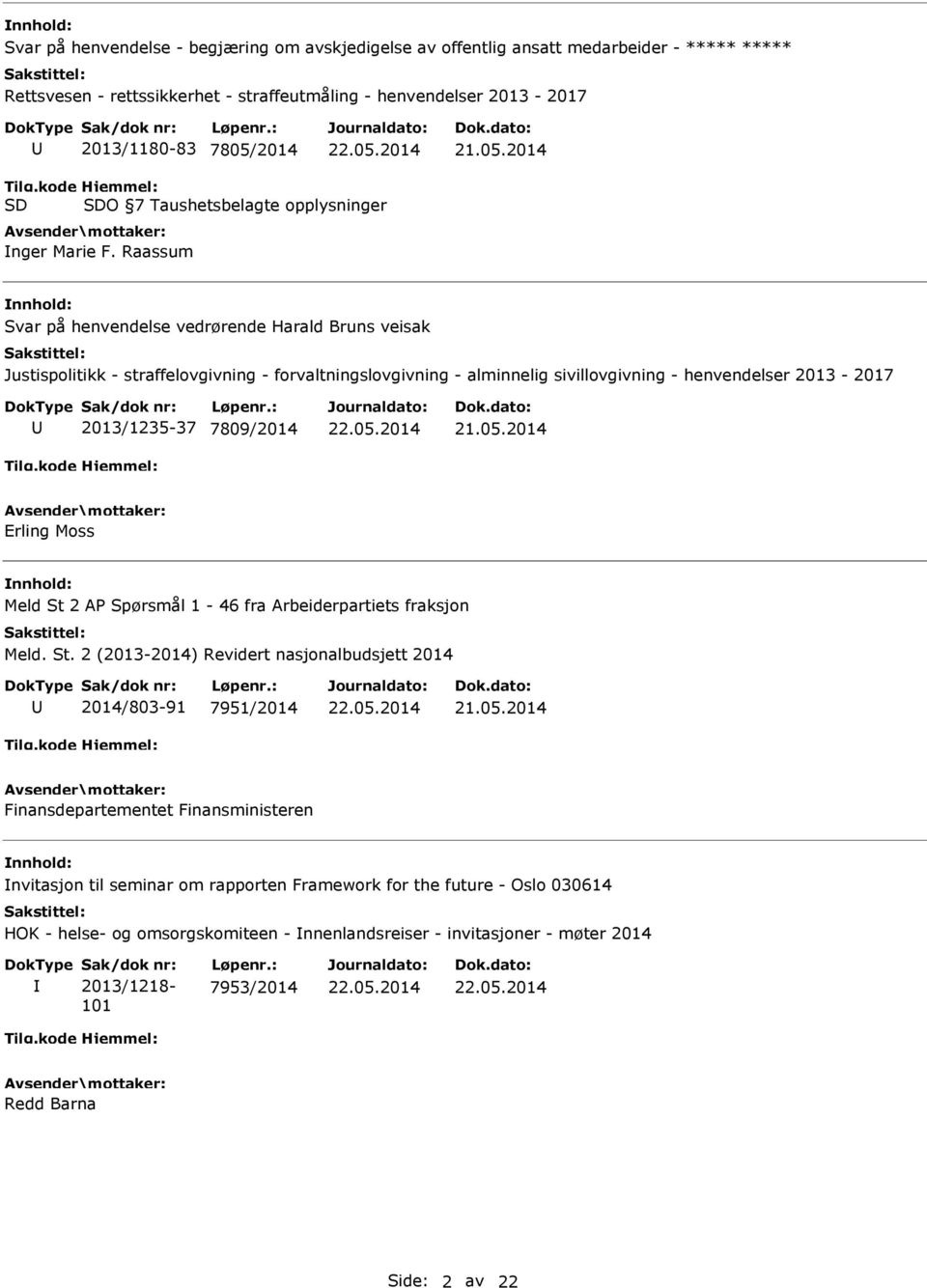 Raassum Svar på henvendelse vedrørende Harald Bruns veisak Justispolitikk - straffelovgivning - forvaltningslovgivning - alminnelig sivillovgivning - henvendelser 2013-2017 2013/1235-37 7809/2014