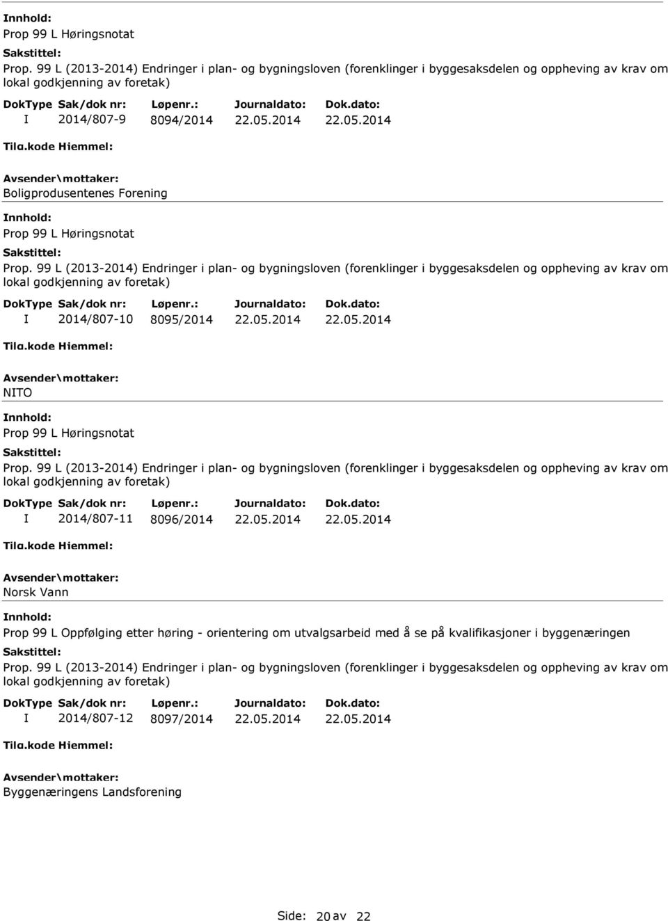 (2013-2014) Endringer i plan- og bygningsloven (forenklinger i byggesaksdelen og oppheving av krav om lokal godkjenning av foretak) 2014/807-10 8095/2014 NTO  99 L (2013-2014) Endringer i plan- og