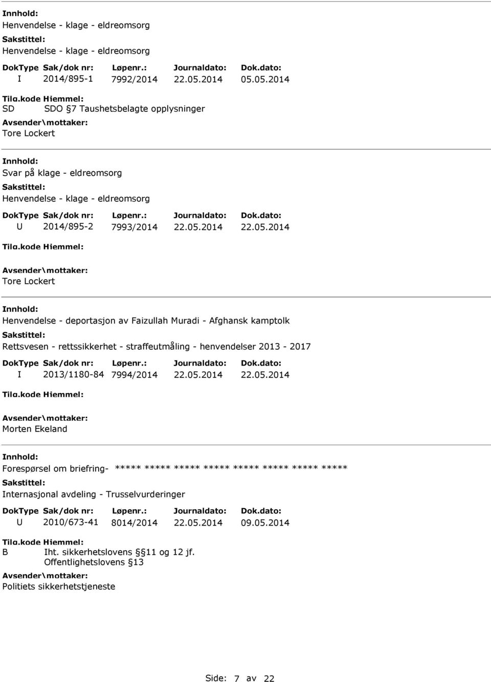 deportasjon av Faizullah Muradi - Afghansk kamptolk Rettsvesen - rettssikkerhet - straffeutmåling - henvendelser 2013-2017 2013/1180-84 7994/2014 Morten Ekeland