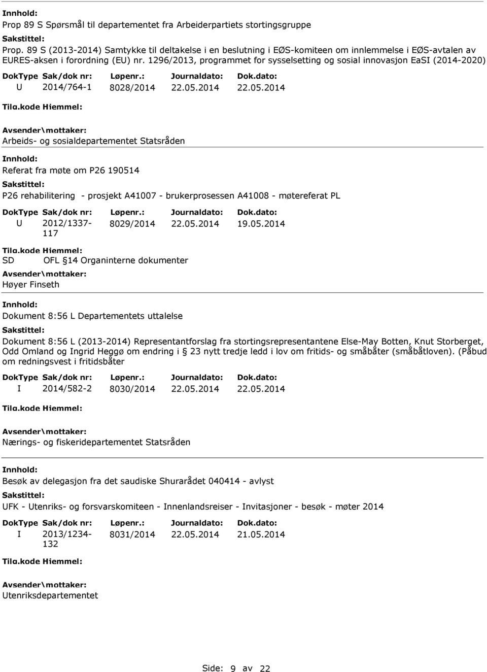 1296/2013, programmet for sysselsetting og sosial innovasjon EaS (2014-2020) 2014/764-1 8028/2014 Arbeids- og sosialdepartementet Statsråden Referat fra møte om P26 190514 P26 rehabilitering -