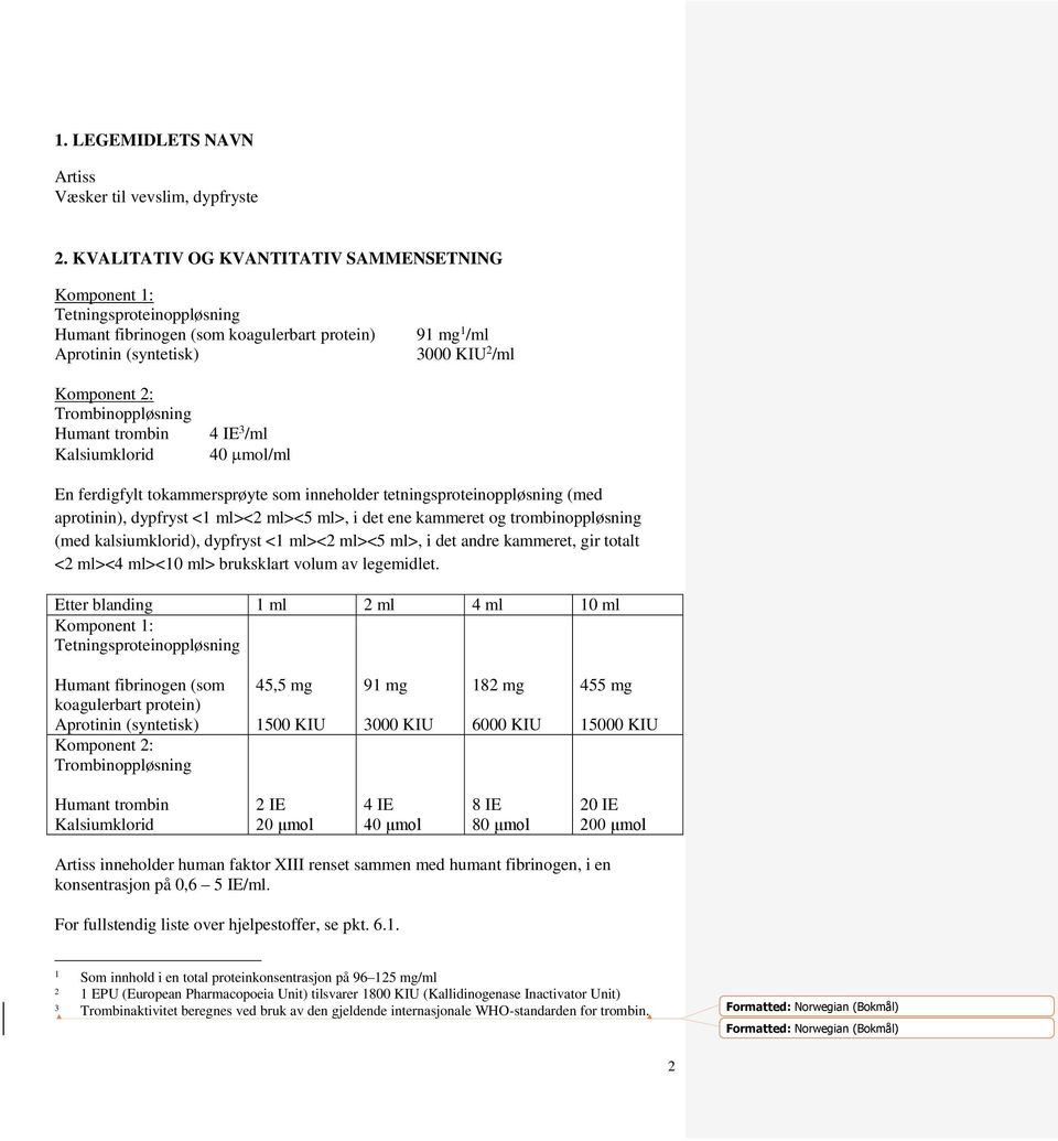 Trombinoppløsning Humant trombin Kalsiumklorid 4 IE 3 /ml 40 mol/ml En ferdigfylt tokammersprøyte som inneholder tetningsproteinoppløsning (med aprotinin), dypfryst <1 ml><2 ml><5 ml>, i det ene