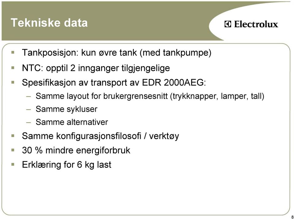 brukergrensesnitt (trykknapper, lamper, tall) Samme sykluser Samme alternativer