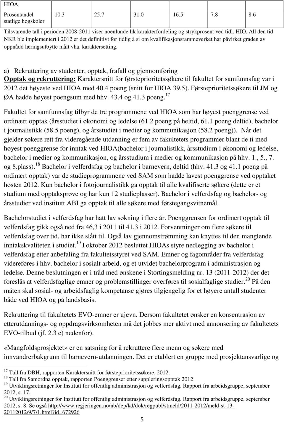 a) Rekruttering av studenter, opptak, frafall og gjennomføring Opptak og rekruttering: Karaktersnitt for førsteprioritetssøkere til fakultet for samfunnsfag var i 2012 det høyeste ved HIOA med 40.