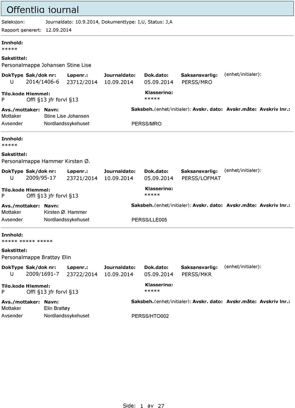 : Mottaker Stine Lise Johansen ERSS/MRO ersonalmappe Hammer Kirsten Ø. 2009/95-17 23721/2014 ERSS/LOFMAT Avs./mottaker: Navn: Saksbeh. Avskr. dato: Avskr.