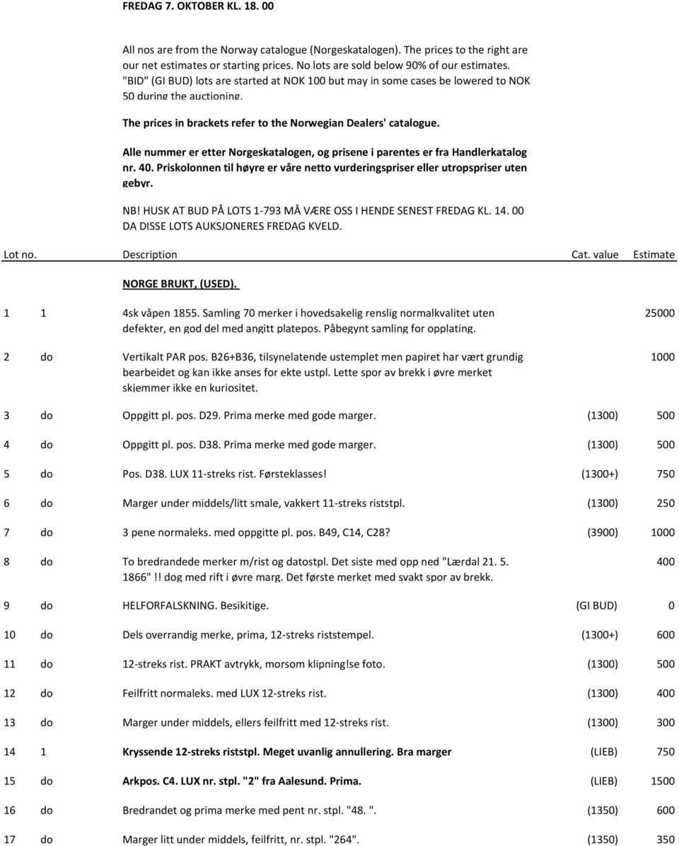 Alle nummer er etter Norgeskatalogen, og prisene i parentes er fra Handlerkatalog nr. 40. Priskolonnen til høyre er våre netto vurderingspriser eller utropspriser uten gebyr. NB!