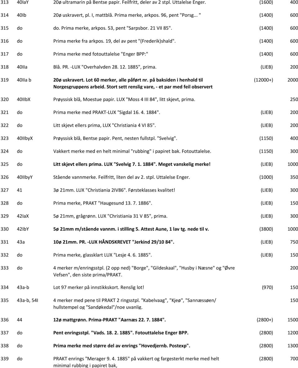 (1) 600 317 do Prima merke med fotouttalelse "Enger BPP:" (1) 600 318 40IIa Blå. PR. LUX "Overhalvden 28. 12. 1885", prima. (LIEB) 319 40IIa b 20ø uskravert. Lot 60 merker, alle påført nr.