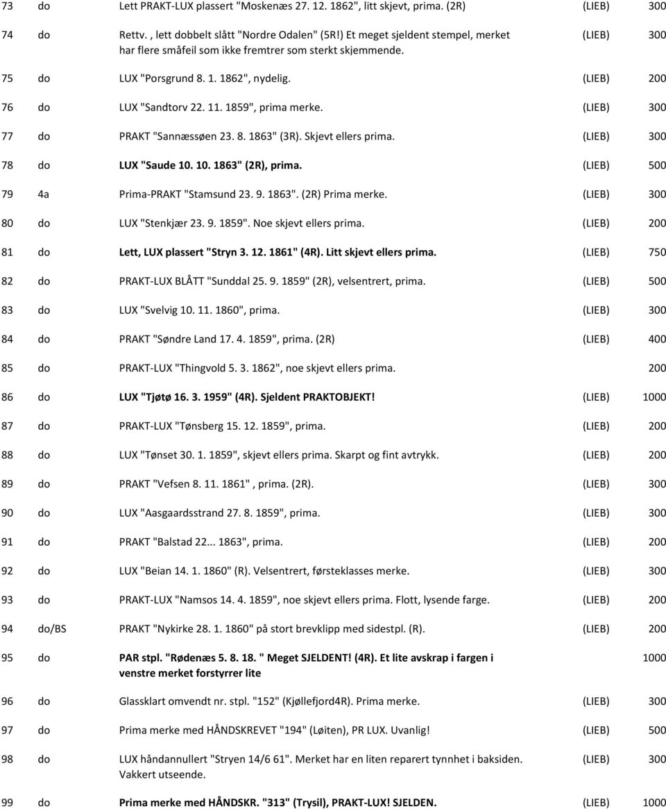 (LIEB) 77 do PRAKT "Sannæssøen 23. 8. 1863" (3R). Skjevt ellers prima. (LIEB) 78 do LUX "Saude 10. 10. 1863" (2R), prima. (LIEB) 79 4a Prima PRAKT "Stamsund 23. 9. 1863". (2R) Prima merke.