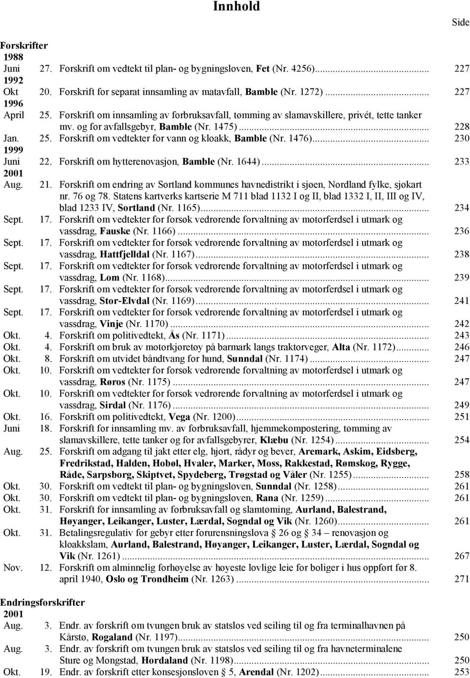 1476)... 230 1999 Juni 22. Forskrift om hytterenovasjon, Bamble (Nr. 1644)... 233 2001 Aug. Sept. Sept. Sept. Sept. Sept. 21.