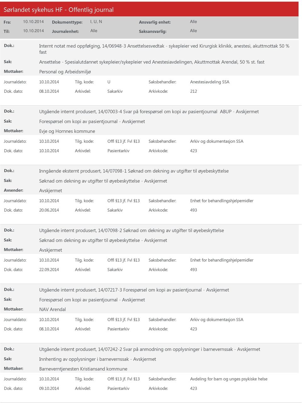 2014 Arkivdel: Sakarkiv Arkivkode: 212 tgående internt produsert, 14/07003-4 Svar på forespørsel om kopi av pasientjournal ABP - Forespørsel om kopi av pasientjournal - Evje og Hornnes kommune Arkiv