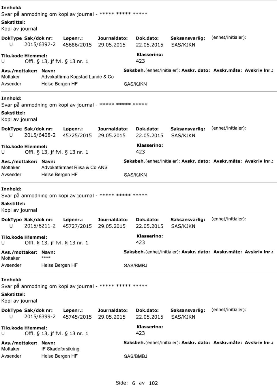 dato: Avskr.måte: Avskriv lnr.: Mottaker Advokatfirmaet Riisa & Co ANS SAS/KJKN Svar på anmodning om kopi av journal - ***** ***** ***** 2015/6-2 45727/2015 22.05.2015 SAS/KJKN Avs.