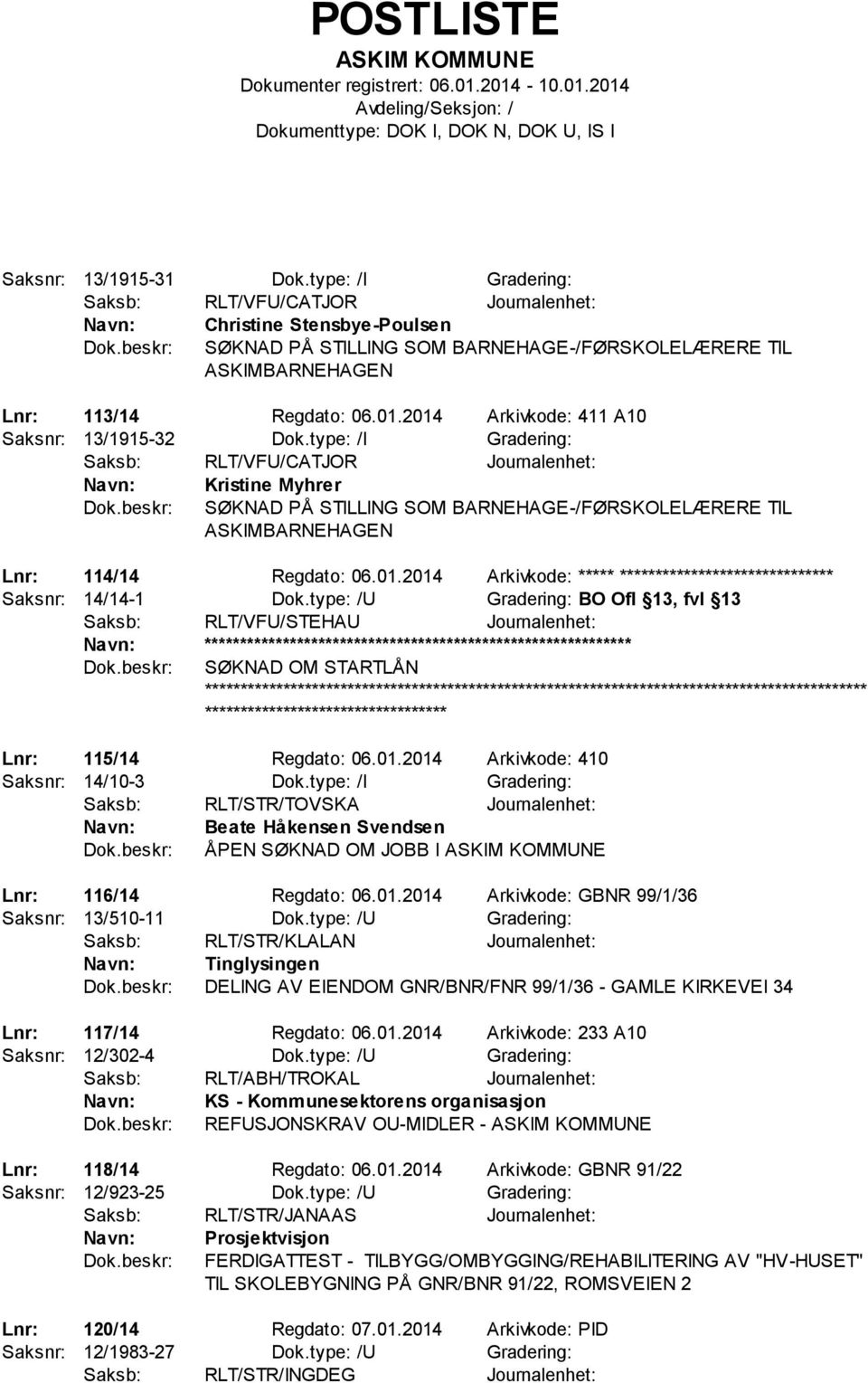 type: /U Gradering: BO Ofl 13, fvl 13 Saksb: RLT/VFU/STEHAU Journalenhet: ************************** SØKNAD OM STARTLÅN Lnr: 115/14 Regdato: 06.01.2014 Arkivkode: 410 Saksnr: 14/10-3 Dok.