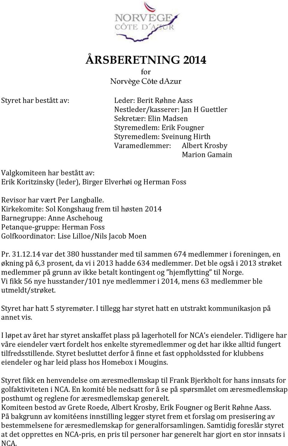 Kirkekomite: Sol Kongshaug frem til høsten 2014 Barnegruppe: Anne Aschehoug Petanque-gruppe: Herman Foss Golfkoordinator: Lise Lilloe/Nils Jacob Moen Pr. 31.12.