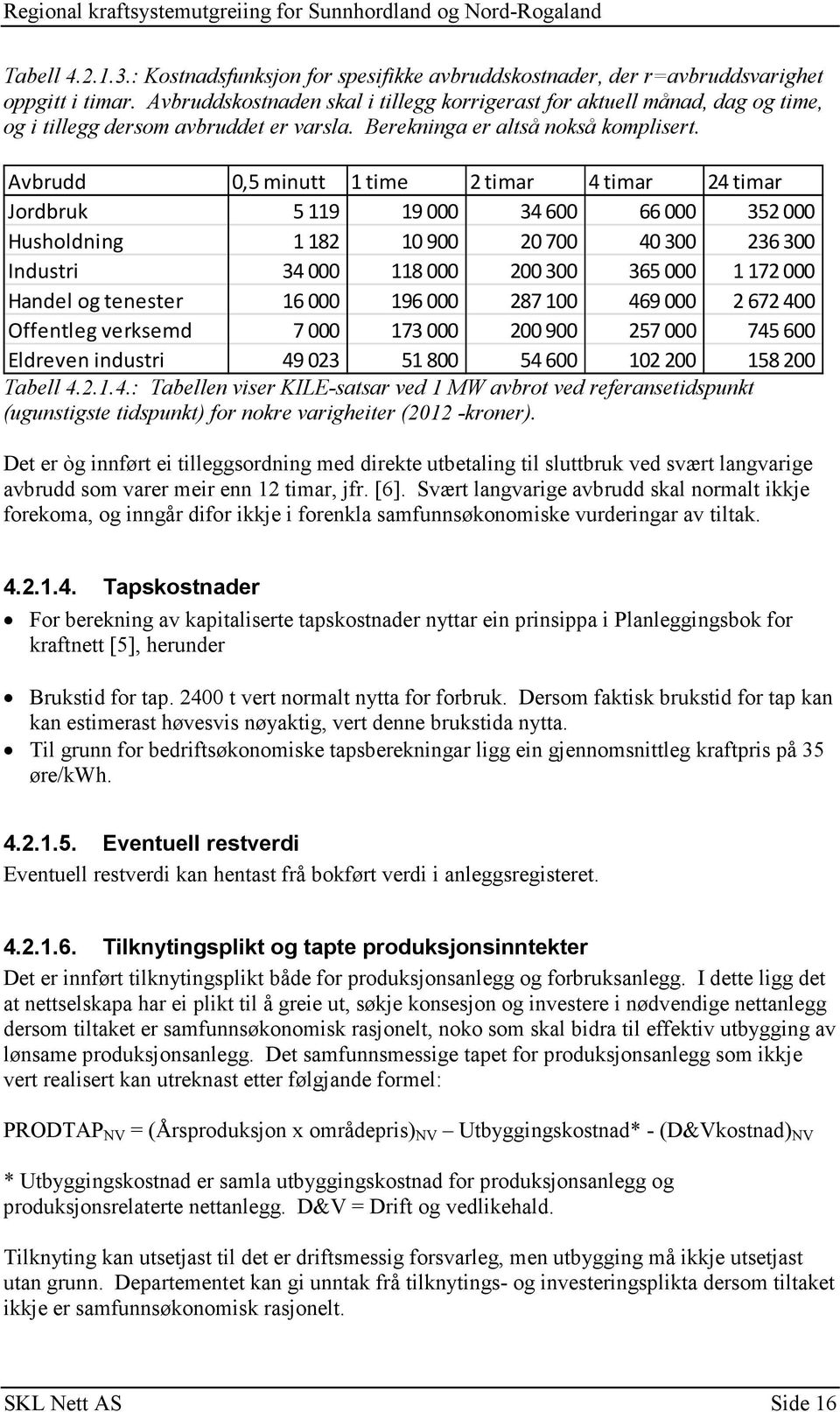 Avbrudd 0,5 minutt 1 time 2 timar 4 timar 24 timar Jordbruk 5119 19000 34600 66000 352000 Husholdning 1182 10900 20700 40300 236300 Industri 34000 118000 200300 365000 1172000 Handel og tenester