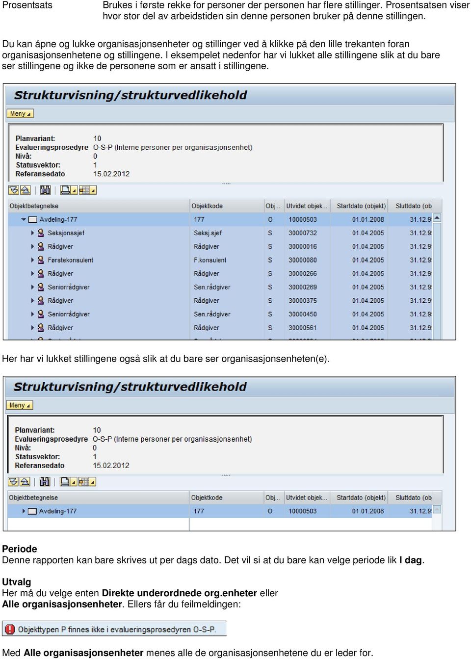 I eksempelet nedenfor har vi lukket alle stillingene slik at du bare ser stillingene og ikke de personene som er ansatt i stillingene.