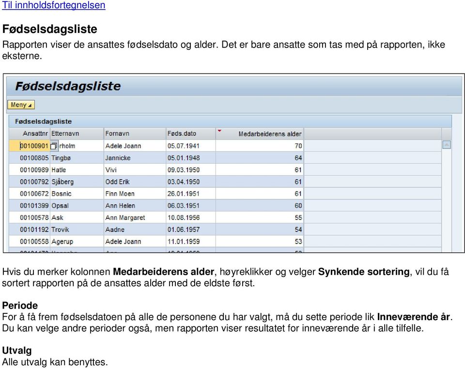 Hvis du merker kolonnen Medarbeiderens alder, høyreklikker og velger Synkende sortering, vil du få sortert rapporten på de