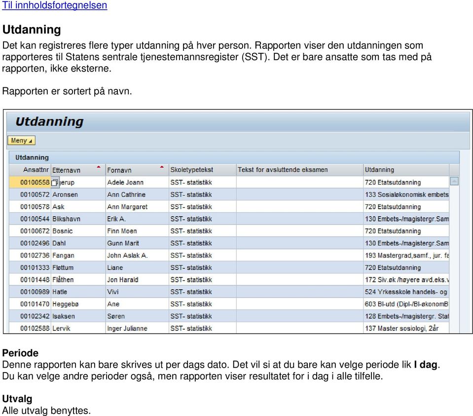 Det er bare ansatte som tas med på rapporten, ikke eksterne. Rapporten er sortert på navn.