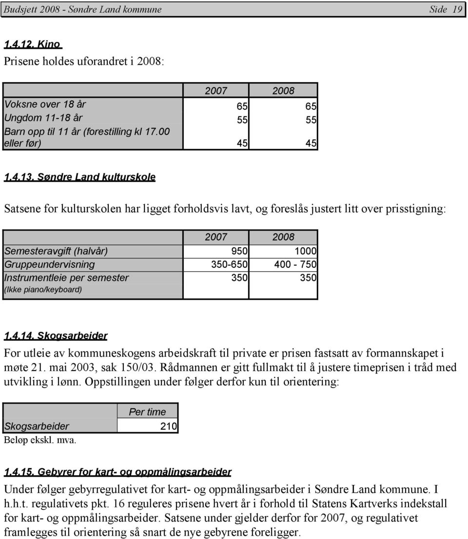 Søndre Land kulturskole Satsene for kulturskolen har ligget forholdsvis lavt, og foreslås justert litt over prisstigning: 2007 2008 Semesteravgift (halvår) 950 1000 Gruppeundervisning 350-650 400-750