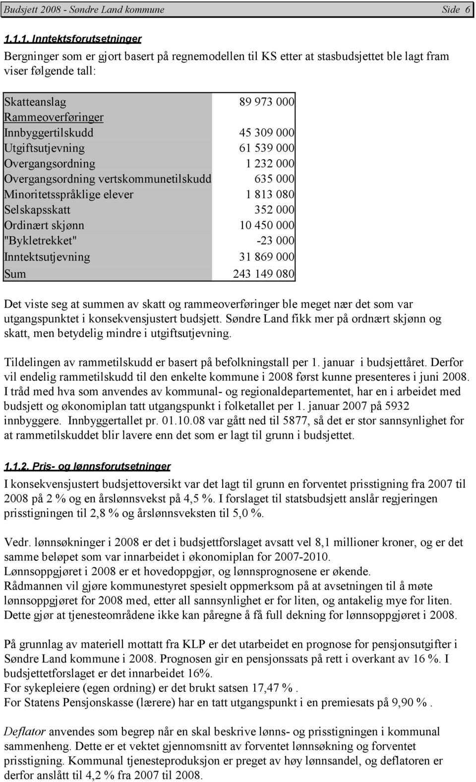 Innbyggertilskudd 45 309 000 Utgiftsutjevning 61 539 000 Overgangsordning 1 232 000 Overgangsordning vertskommunetilskudd 635 000 Minoritetsspråklige elever 1 813 080 Selskapsskatt 352 000 Ordinært