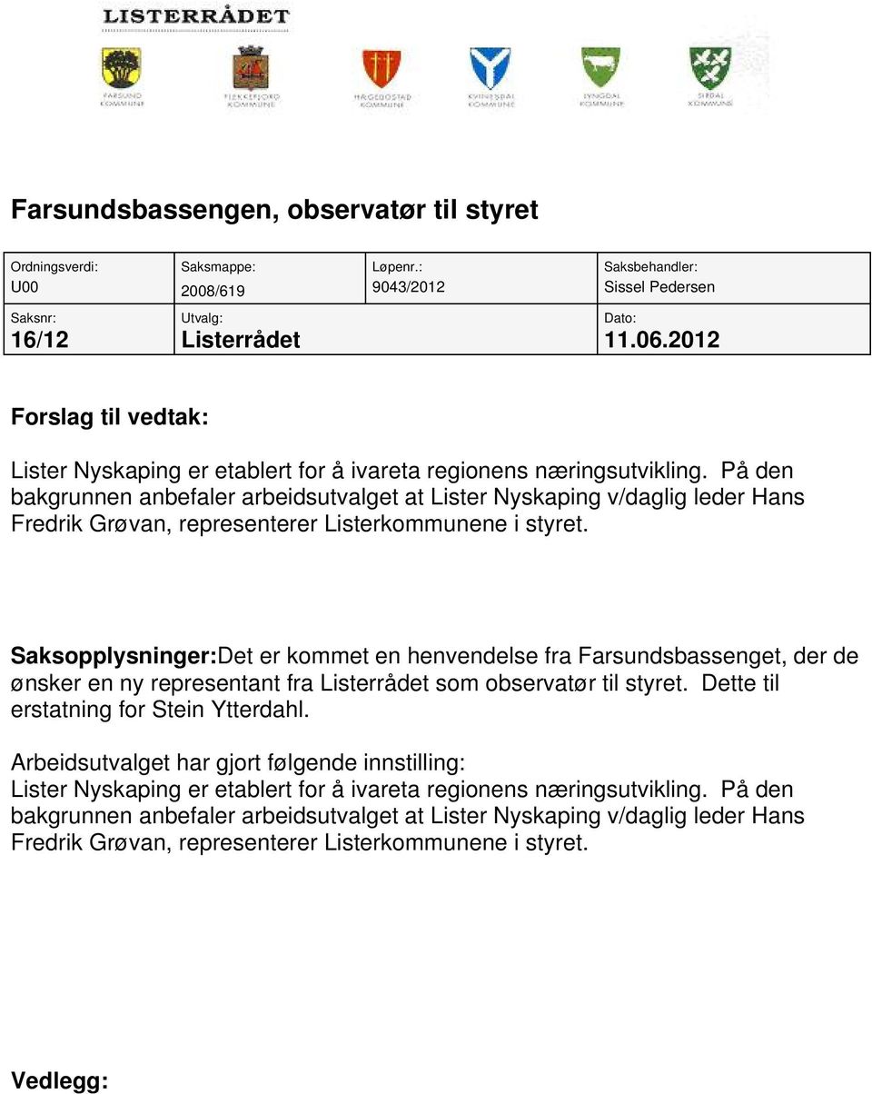 På den bakgrunnen anbefaler arbeidsutvalget at Lister Nyskaping v/daglig leder Hans Fredrik Grøvan, representerer Listerkommunene i styret.