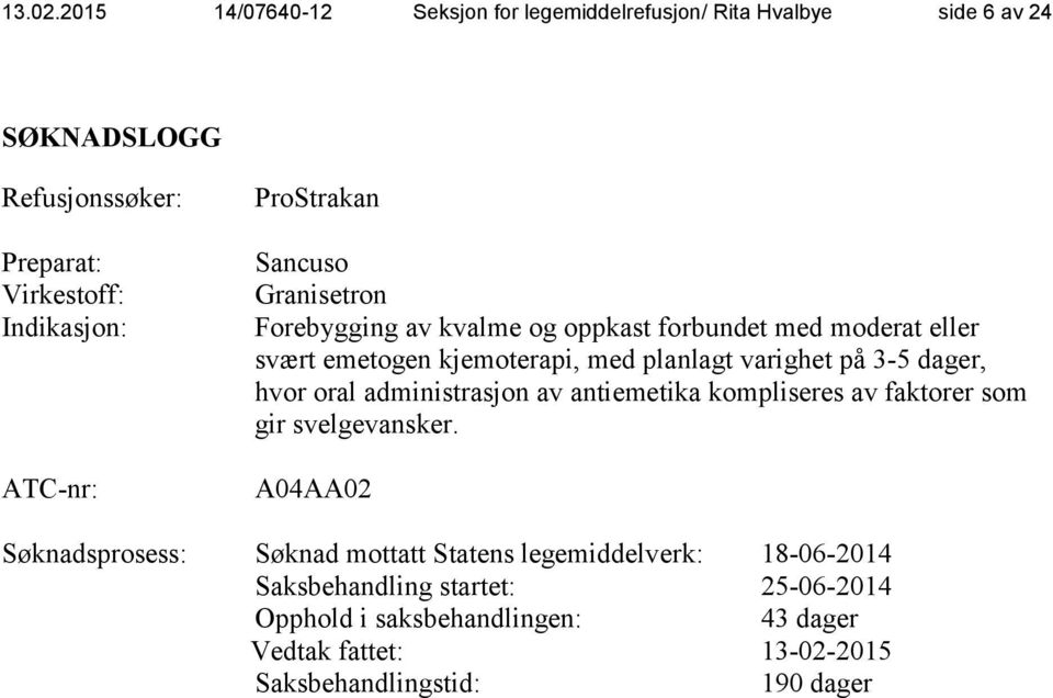 ProStrakan Sancuso Granisetron Forebygging av kvalme og oppkast forbundet med moderat eller svært emetogen kjemoterapi, med planlagt varighet på 3-5